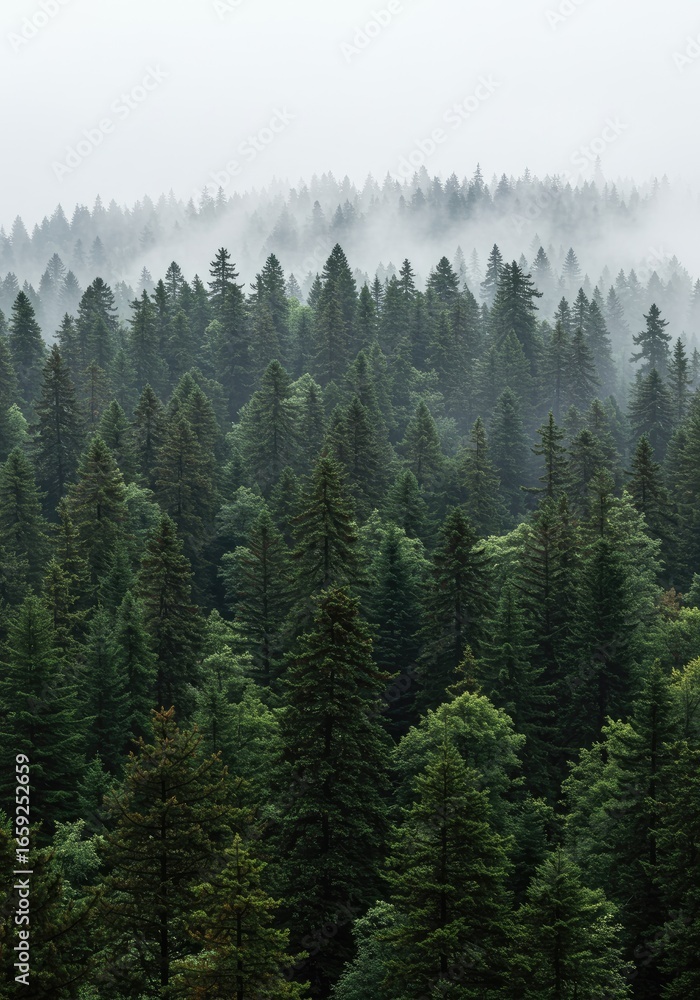 Obraz premium Misty forest canopy view from above