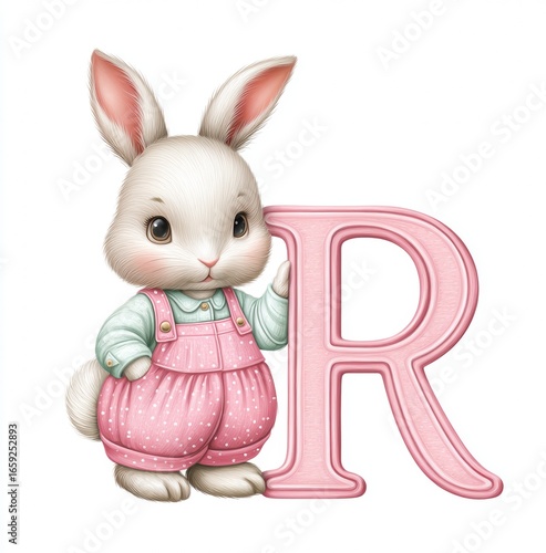 Cute Bunny Rabbit with Pink Letter R