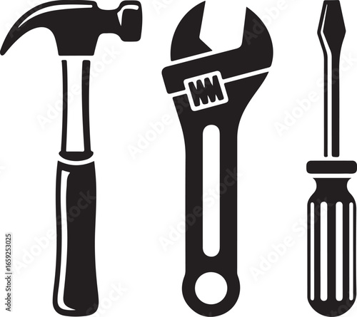 Hand Tools Vector Illustration Set with Hammer, Wrench, and Screwdriver