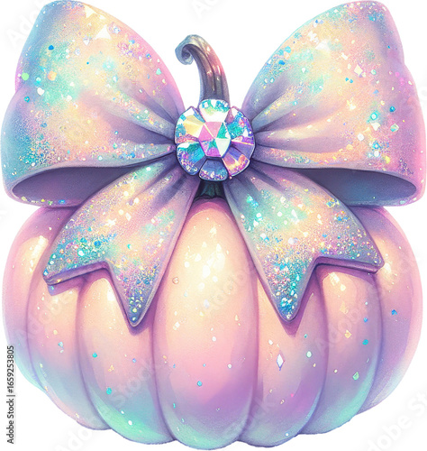 Enchanting iridescent pumpkin with a vibrant holographic bow and shimmering