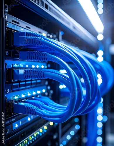 Network server rack with blue cables