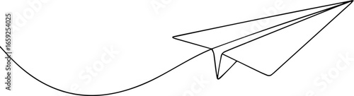 One line drawing of a paper plane with curved path line art vector, simple black and white illustration
