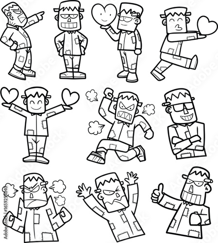 Cute and funny Frankenstein in many actions and expression cartoon vector in black and white outline collection