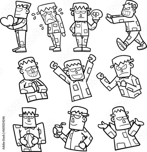 Funny Frankenstein cartoon vector in black and white outline collection