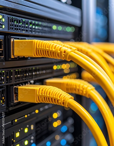 Network server rack with yellow ethernet cables