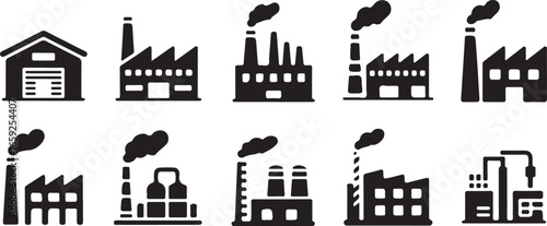 Industrial Factory Buildings Vector Illustration Set in Silhouette