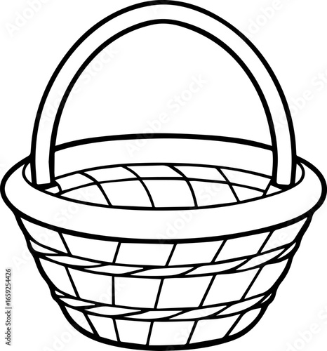 woven basket with a thick braided handle line art vector, simple black and white illustration
