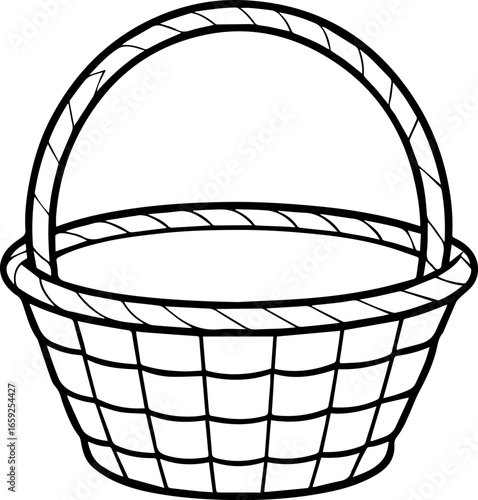 woven basket with a thick braided handle line art vector, simple black and white illustration