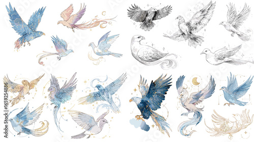 Graceful flying birds in watercolor and pencil style with gold accents. Artistic, delicate illustration perfect for nature design, wall art, prints, and decorative modern projects.