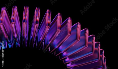 Glass chromatic cube block shapes render with neon light holographic gradient and blue purple caustic effect on black 3D background. Abstract crystal pattern. 3D illustration