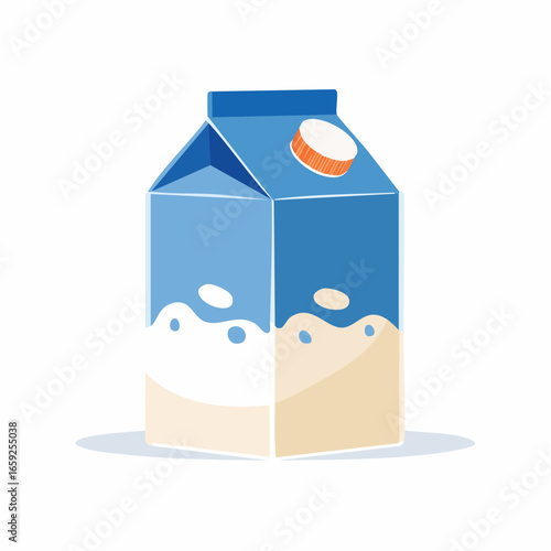 Flat vector showing parts of a milk carton: folded spout, inner lining, body, cap, liquid, clean isolated view