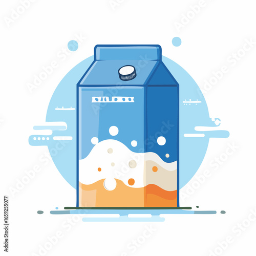 Flat vector showing parts of a milk carton: folded spout, inner lining, body, cap, liquid, clean isolated view