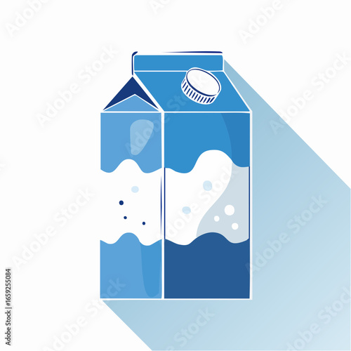 Flat vector showing parts of a milk carton: folded spout, inner lining, body, cap, liquid, clean isolated view
