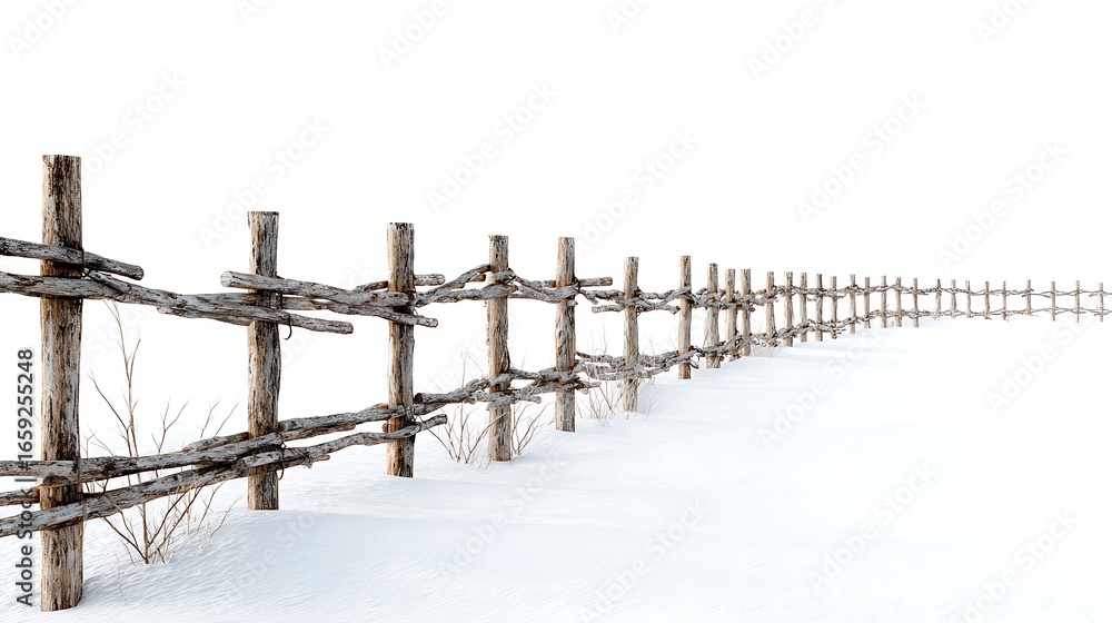 Fototapeta premium Rustic Wooden Fence in Snow, Winter Landscape, Rural Scene, White Background