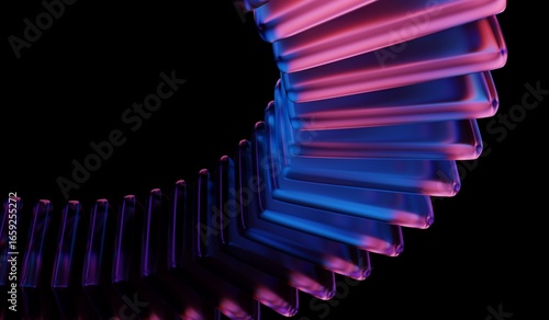 Neon light holographic gradient and blue purple caustic effect with abstract crystal pattern on black 3D background with glass chromatic cube block shapes render. 3D illustration