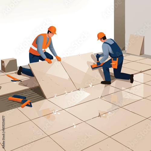 Skilled construction workers are meticulously installing new floor tiles, showcasing their expertise and teamwork during a contemporary building renovation process.