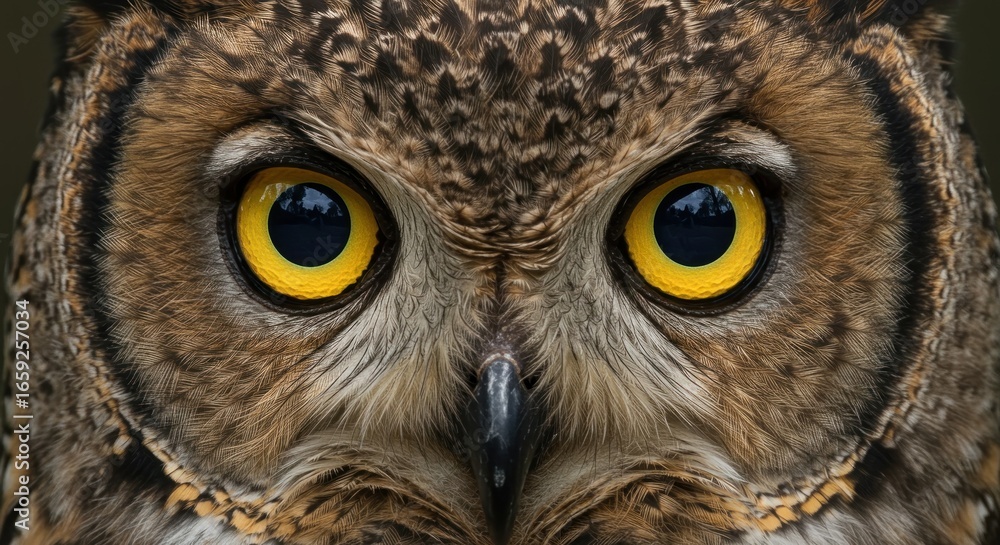 Obraz premium Close-up of an owl's face. Its piercing yellow eyes stare intently forward. The details of feathers are visible, displaying brown and tan hues