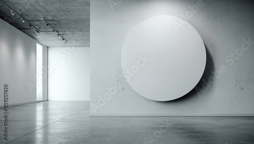 Minimalist gallery interior with large, blank circular canvas on concrete wall