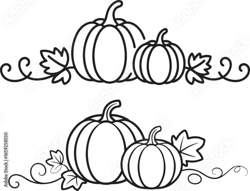 A set of two black and white illustrations, each depicting two pumpkins of different sizes. The pumpkins are arranged with decorative elements like stylized leaves and curling vines, creating a symmet