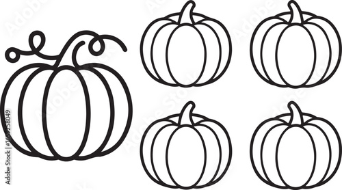 a black and white illustration of five pumpkins in a simple, outline style. One larger pumpkin is shown on the left with a curling vine, while four smaller pumpkins are clustered together on the right