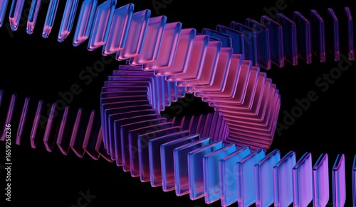 Black 3D background featuring glass chromatic cube block shapes render with abstract crystal pattern, neon light holographic gradient, and blue purple caustic effect. 3D illustration