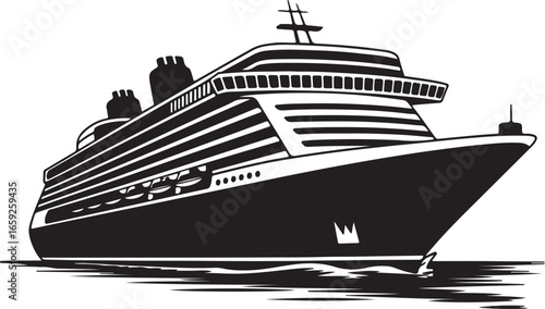 A bold, black and white illustration of a large cruise ship. The vector art style depicts the vessel moving forward, showcasing its tiered decks and funnels