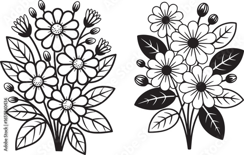 A set of two stylized bouquets of flowers in a black and white line art format. The illustrations depict blooming flowers with detailed leaves and buds, perfect for coloring or decorative purposes.