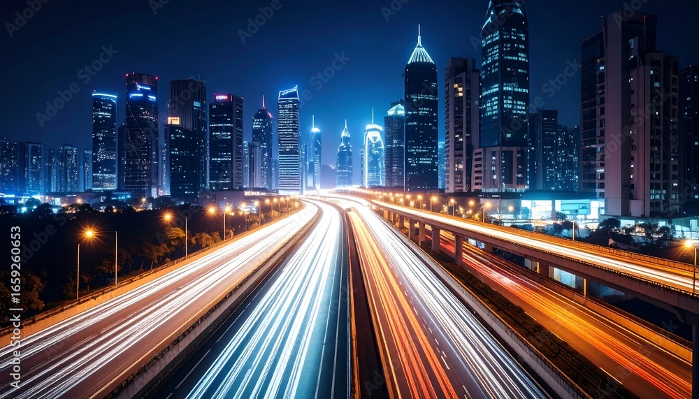 Fototapeta premium Night city highway with blurred lights