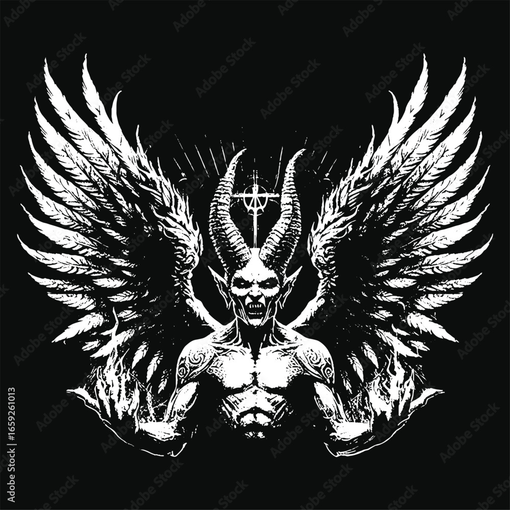 Obraz premium Set Hand drawn Goat Skull Head Dark Art with Different Angel Hatching Outline Style illustration