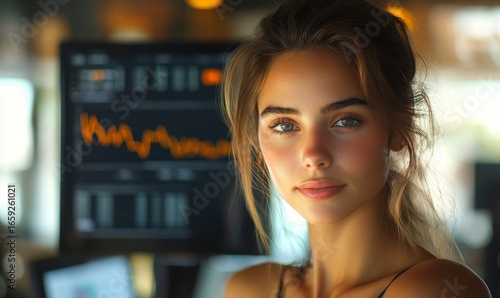 Candid young businesswoman analyzing stock market trends on a digital tech screen in the office. The image captures a positive, proactive approach to investing, with ample space, Generative AI