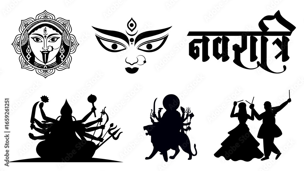 Fototapeta premium Navratri Devi Forms – Durga, Mahalaxmi, Saraswati, Kali Vector Art, Devi Mahalakshmi Spiritual Illustration – Hindu Goddess Vector Design, 