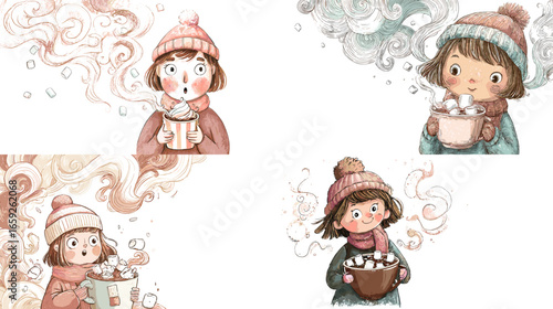 Cute winter girl holding a cup of hot chocolate with marshmallows. Warm watercolor illustration for seasonal greeting cards, children’s art, and cozy wintertime design themes.