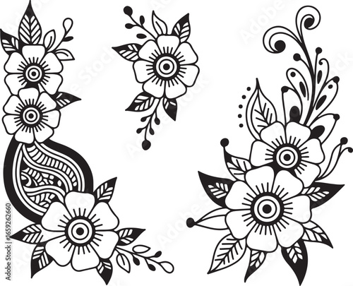 An illustration of three separate floral designs, likely intended for henna or mehndi art. The designs feature stylized flowers with detailed petals and centers, along with leaves and intricate paisle