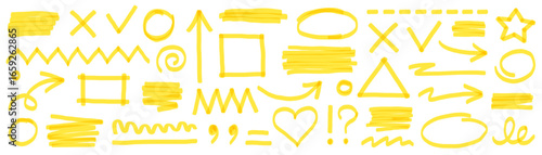 Highlight marker pen element set. Yellow color marker and brush stroke with highlight underline, check arrow and round circle. Doodle texture sketch shapes in school art style. Vector illustration