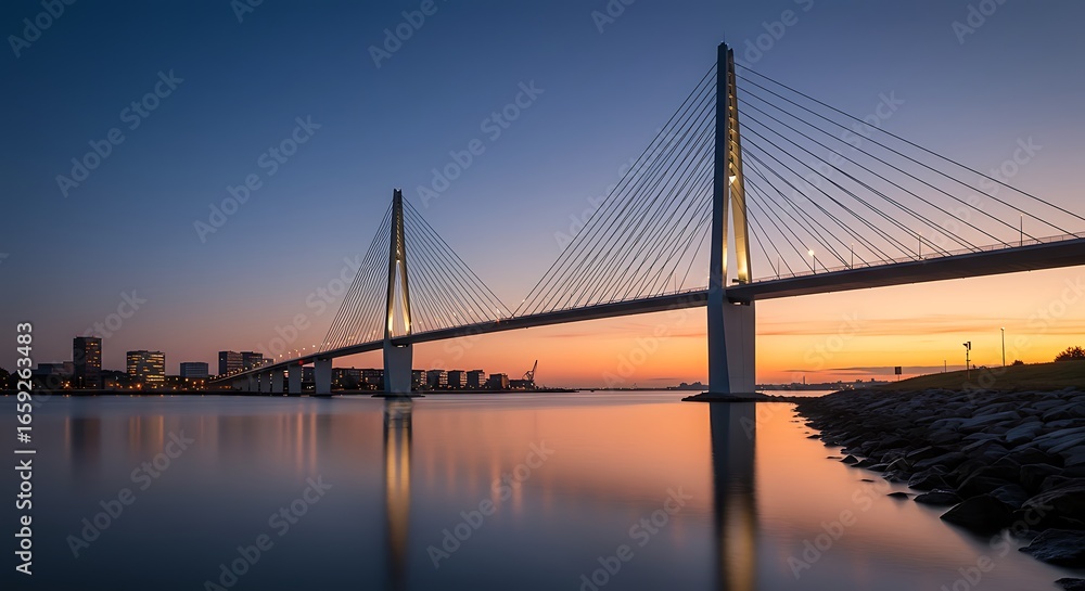 Fototapeta premium Illuminated Cable-Stayed Bridge Reflects in Calm Water at Dusk with City Skyline