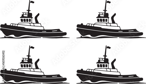 A set of four identical black and white tugboat silhouettes. The vector illustrations depict the sturdy vessels in profile, sailing on choppy water.