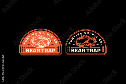 Bear trap hunting retro badge logo vector design set for adventure, outdoor. Deadfall trap vintage emblem logo graphic pack. Snare pitfall equipment illustration label element design