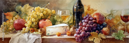 Vector illustration of wine and cheese. Autumn harvest watercolor clipart, on white background. Banner