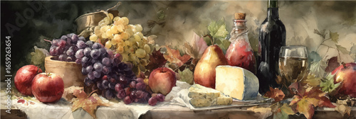 Vector illustration of wine and cheese. Autumn harvest watercolor clipart, on white background. Banner