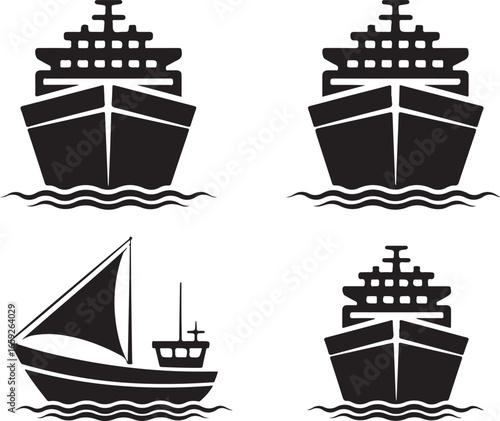 A set of black and white boat silhouettes, depicting various types of water vessels. The collection includes a sailboat and three different cruise or passenger ships, all shown from the front.