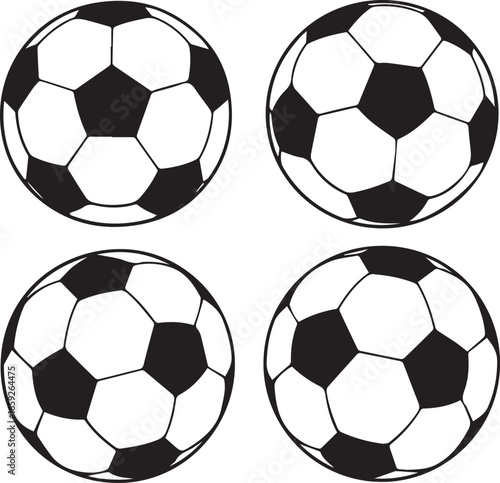 Four black and white soccer balls arranged in a grid on a white background football sport