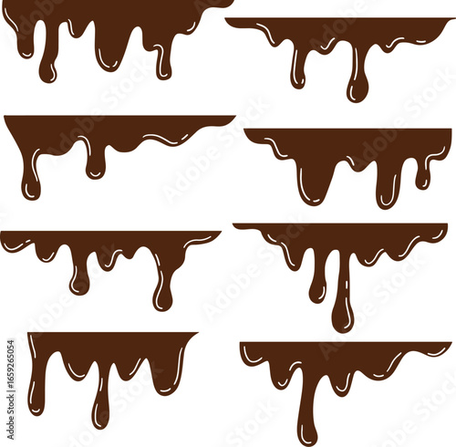Vector illustration of melted chocolate, decorative shapes liquids. Stain shape collection, splashes drops, cartoon flat spatters.