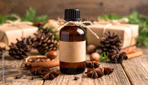 Capturing the warm scent of the holidays with a homemade aromatic oil. Festive arrangement of winter spices and natural decorations for a cozy Christmas concept