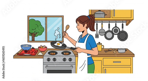 Woman cooking an egg in a frying pan on a stove in a kitchen with cabinets, window, and other food items.