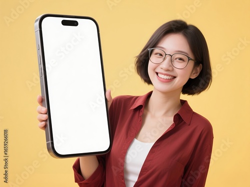 Asian woman holding a cell phone with a large blank screen