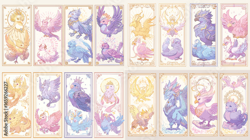 Beautiful pastel fantasy birds in soft colors with glowing wings and halos. Elegant fairytale illustration perfect for decor, magical stories, and gentle children’s art themes.