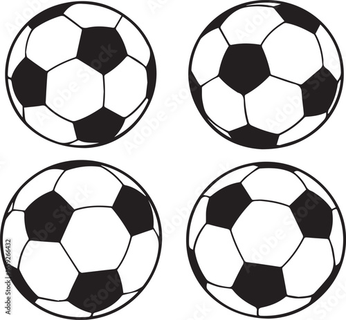 Four black and white soccer balls arranged in a grid on a white background football sport