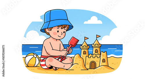 A young boy in a blue hat builds a sandcastle on the beach with a red shovel.