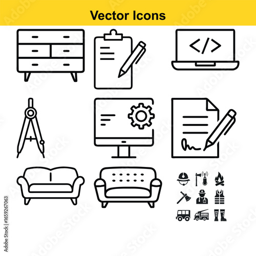 Collection of vector icons depicting furniture technology and office supplies illustration