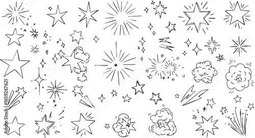 Sparkling hand-drawn stars and fireworks collection for creative designs and festive projects, ideal for backgrounds